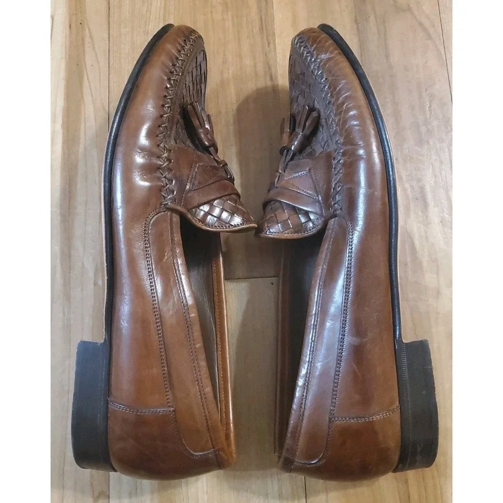 JOHNSTON MURPHY Dress Shoes Brown Woven Leather Italian Tassel Loafers Size 9M‎